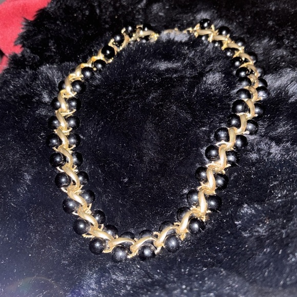 Monet 1980s  Double Black Glass  Bead Gold Wired Loops Collar Necklace - Picture 5 of 13